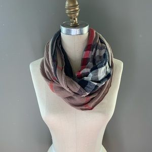 Tan, black and red infinity scarf